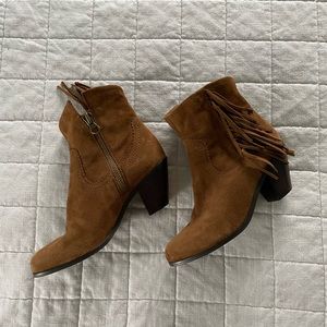 Sam Edelman Louie suede brown booties boots with fringe, fold over, like new